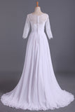 2024 Bateau à manches 3/4 une ligne robes de mariée en mousseline de soie avec des perles et fleurs à la main