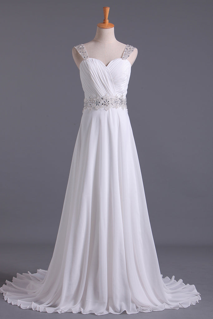 2022 Robe de mariée blanche sweetheart Une ligne plissée corsage en mousseline de soie perlée bretelles amovibles