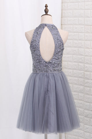 2022 A Line Homecoming Robes Halter Tulle Beaded Bodice Short / Mini