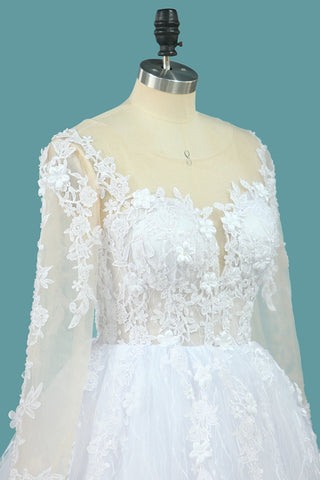 2024 dentelle robe de bal robes de mariée scoop manches longues avec appliques et perles chapelle train