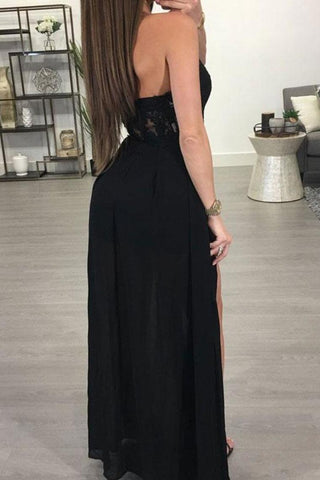 Robes de bal longues sexy noires avec des robes appliques fendues