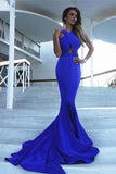 Élégante sirène bleu royal robe de soirée longue dos nu