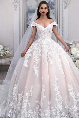 Robe de mariée en tulle robe de bal hors de l&#39;épaule avec des applications, robe de mariée princesse