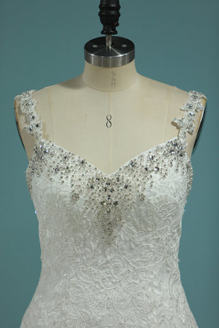 2024 dos ouvert sirène robes de mariée bretelles spaghetti tulle avec appliques et perles
