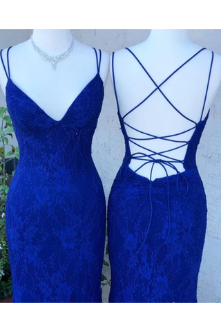 Bretelles croisées bretelles robes de bal bleue royale sirène de bal v - cou robes en dentelle