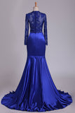 2022 manches longues robes de soirée sirène / trompette en satin avec appliques Foncé Bleu Royal
