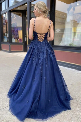 Tulle bleu foncé appliques bretelles spaghetti longue robe de bal robe de soirée