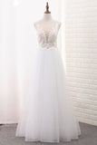 2024 A Line Tulle &amp; robes de mariée en dentelle Scoop avec longueur de plancher Applique