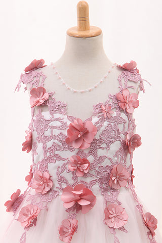 2024 Scoop une ligne robes de fille de fleur de tulle avec appliques et fleurs à la main
