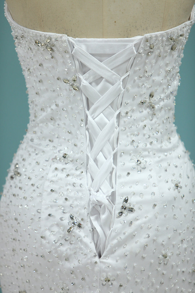 2022 Robe de mariée en mousseline à perles pleines, sweetheart avec jupe en tulle à lacets