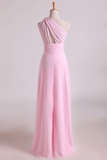 2024 une épaule en mousseline de soie une ligne Robes de mariée avec des volants Pink Pearl