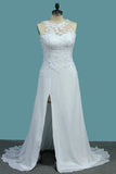 2024 A Line Scoop robes de mariée en mousseline de soie avec appliques et fente train de balayage