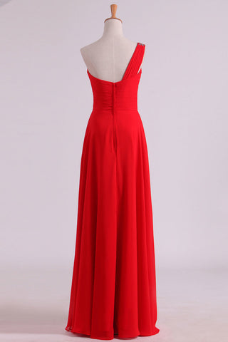2024 Red One épaule Une longueur des robes de bal en mousseline de soie ligne étage avec perlage Et Ruffles