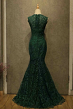 Charme sirène vert foncé dentelle bretelles robes de bal, longues robes de soirée