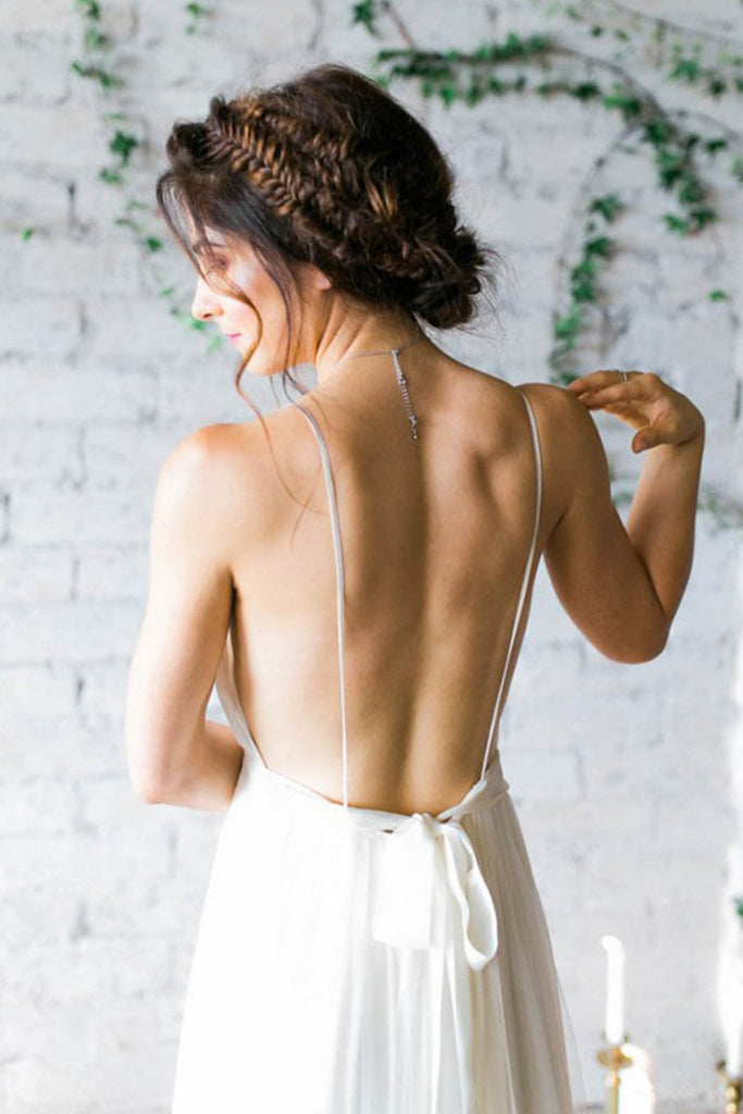 2024 Sexy Back Back Spaghetti Straps Robes de mariée A Line Ruched Bodice Chiffon
