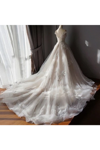 Superbe robe de mariée en tulle à l&#39;épaule avec appliques, robe de mariée avec long train