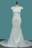 2024 Bateau Robes de mariée manches courtes Dos ouvert Spandex avec perles
