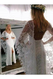 Sexy dos nu robes de mariée gaine col en V dentelle avec fente et appliques
