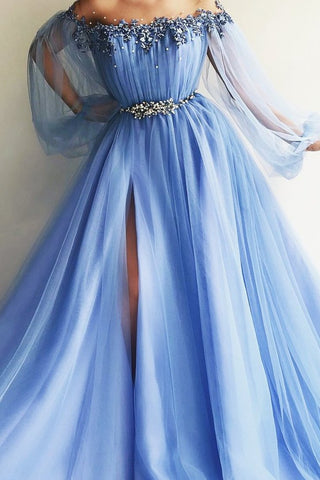 Date de perles longues Tulle dentelle une ligne robes de bal bleu robes de soirée