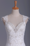 2024 Robes de mariée bretelles Tulle avec appliques dos ouvert train chapelle Mermaid / Trompette