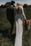 Robes de mariée gaine ivoire manches longues élégant Backless Lace Applique Robe de mariée de pays