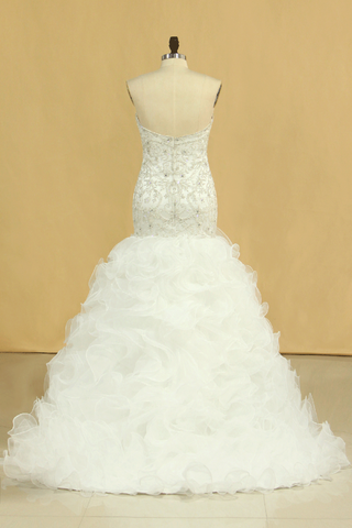 2024 Hot Plus Size chérie robes de mariée sirène en organza avec des perles et strass