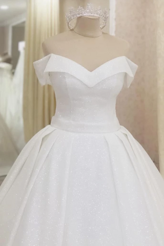 Paillettes de l&#39;épaule robe de bal blanche robe de mariage de train de balayage