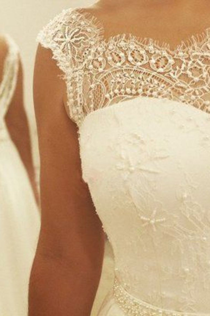 2022 Elegant A Line Straps Robes de mariée en mousseline de soie avec dentelle et ceinture en perles