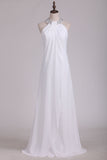 2024 Blanc Halter Robes de Mariée avec perles étage longueur mousseline