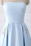 Charmante dentelle bleu clair sans bretelles jusqu&#39;à dos ouvert longues robes de bal avec poches