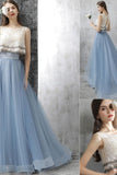 Elegant Long 2 Pieces Dentelle Bleu Ciel Robes De Bal Robes De Bal