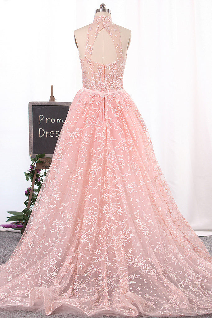 2024 Gorgeous High Neck Lace Prom Robes Floor-Length