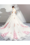Unique hors de l&#39;épaule robe de mariée en tulle avec des fleurs roses, robe de mariée robe de bal