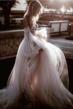 Princesse longues manches bouffantes sur les robes de mariée en tulle à l&#39;épaule, robes de mariée à la plage
